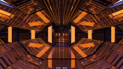 Symmetric orange sci fi tunnel 4K UHD 3D illustration