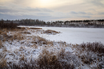 Frozen lake and tree line covered with snow.