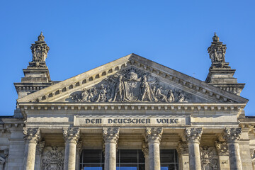 Fragments of the Reichstag building - Headquarter of the German Parliament (Deutscher Bundestag) in Berlin, Germany.