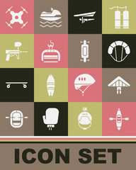 Set Kayak or canoe, Hang glider, Parachute, Ski lift, Paintball gun, Drone flying and Longboard skateboard icon. Vector