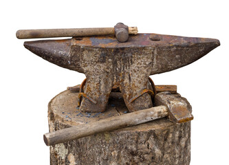 small old antique anvil for striking on white
