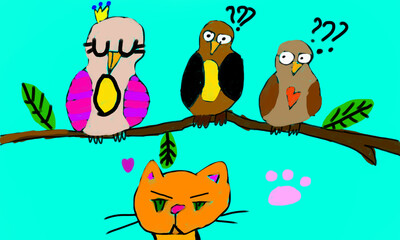 Three birds on a branch, below is a cat. Children's drawing.