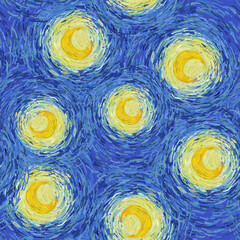 Glowing yellow moon and blue sky abstract background. Seamless vector pattern in the style of impressionist paintings.