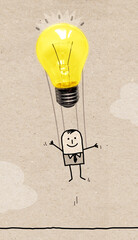 Cartoon Man in the Air with a Light Bulb Balloon