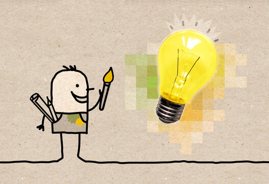 Cartoon Painter Having a New Idea with Light Bulb