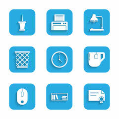 Set Clock, Shelf with books, Certificate template, Cup of tea tea bag, Computer mouse, Trash can, Table lamp and Push pin icon. Vector