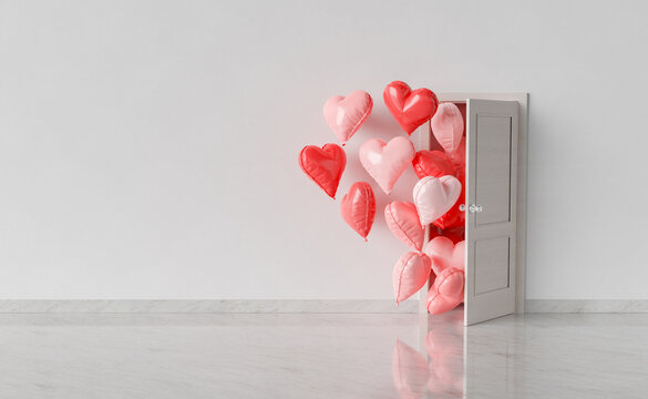 room with open door and heart shaped balloons entering