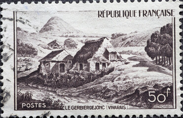 France - circa 1949: A postage stamp from France showing aTal Mt. Gerbier-de-Jone, Vivarais