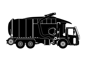 Front loader garbage truck silhouette. Side view of modern trash truck. Flat vector. - 479050580