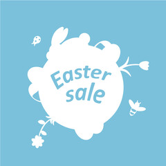 Vector illustration. For commercial. Logo easter sales in flat design and with rabbit, flowers, eggs, bee and ladybug. 