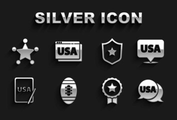 Set American Football ball, USA Independence day, label, Medal with star, on graphic tablet, Police badge, Hexagram sheriff and browser icon. Vector
