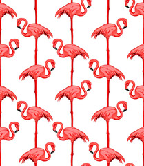 Naklejka premium Vector seamless pattern of pink flamingos one over the other on white background. Hand drawn illustration.