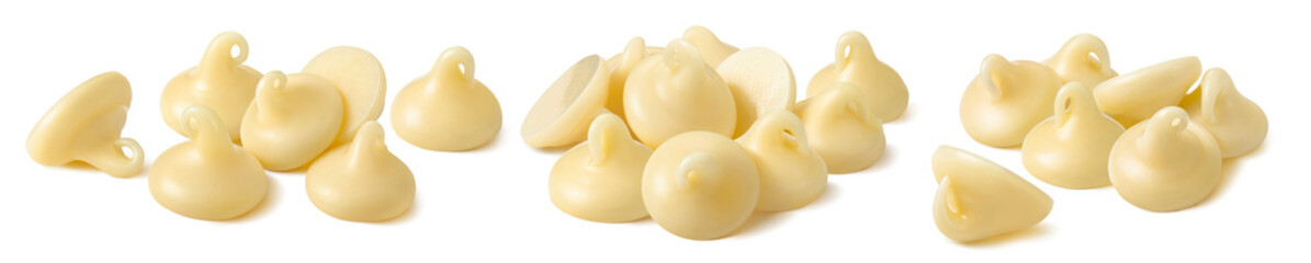 Piles of white chocolate drops set isolated on white background