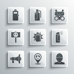 Set Location peace, Vandal, Pepper spray, Hand grenade, Megaphone, Peace, Police assault shield and Gas mask icon. Vector