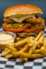 Shredded beef sandwich with tomato, American sauce, fried onion rings and mayonnaise. served with french fries
