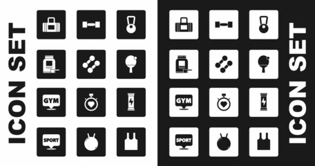 Set Kettlebell, Dumbbell, Sports nutrition, bag, Racket and ball, and Location gym icon. Vector