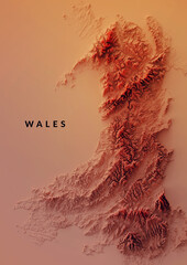 3D Render of a Topographic Map of Wales, UK. © Odisdca