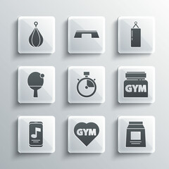 Set Fitness gym heart, Sports nutrition, Stopwatch, Music player, Racket and ball, Punching bag and icon. Vector