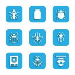 Set Mosquito, Chafer beetle, Hive for bees, Spider, Book about insect, Stink bug, Mite and Termite icon. Vector