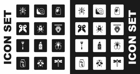 Set Spider in jar, Beetle bug, Butterfly, Mosquito, Hive for bees, Snail, Insect and Fly swatter icon. Vector