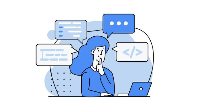 Girl programmer. Script coding, HTML. A programming language. Programmer working on web development on PC. Software developers. Workplace of the programmer. 2d animation in blue colors. Looped video.