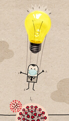 Cartoon Man with Mask, escaping Virus on a Light Bulb Balloon