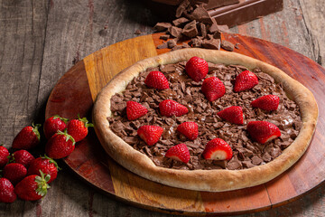 Brazilian sweet pizza with chocolate and strawberry