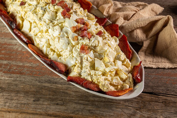  Potato salad with bacon. Mayonnaise salad.  Top view.