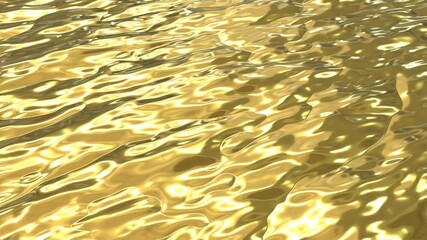 A stream of liquid gold. Yellow background with a flowing golden river. 3D image with golden texture with waves.
