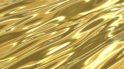 A stream of liquid gold. Yellow background with a golden flowing river. 3D image with golden texture with diagonal waves.

