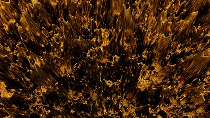 Dark golden abstraction with splashes of liquid gold. Dark yellow background with sharp peaks. 3D image.
