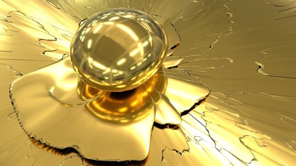 Golden abstraction with a transparent ball. Close-up of a golden drop of liquid gold on a golden texture. 3D image.
