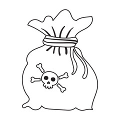 Bag or Sack with coins and Pirate Treasure, Coloring Page or Book for Kids and Adults