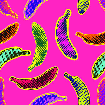 Seamless vector pop art pattern of colorful psychedelic dot halftone bananas randomly scattered on light pink background.