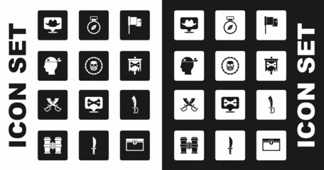 Set Pirate flag, coin, captain, Location pirate, Compass, sword and Crossed swords icon. Vector