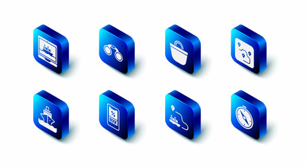 Set Binoculars, Beach bag, Route location, Compass, Ship line path, Cruise ticket, ship and icon. Vector