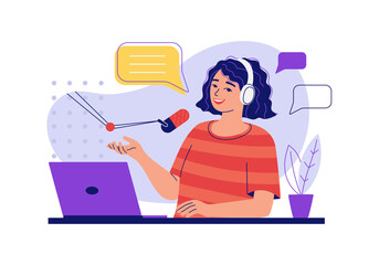 Fototapeta premium Young woman with headphones is hosting a podcast in live streaming in studio. Concept of online audio recording of a vlog, broadcast, lecture. Girl with computer and mic. Flat vector illustration.