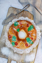Roscon de reyes, spanish three kings cake eaten on epiphany day. Vertical image