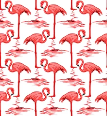Papier Peint photo Flamingo Vector seamless pattern of pink flamingos with water reflection on white background. Hand drawn illustration.