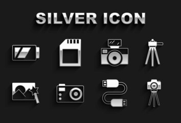 Set Photo camera, Tripod, USB cable cord, retouching, with flash, Battery for and SD card icon. Vector
