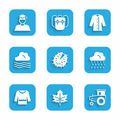 Set Chestnut, Leaf or leaves, Tractor, Cloud with rain, Sweater, Windy weather, Raincoat and Graduate and graduation cap icon. Vector