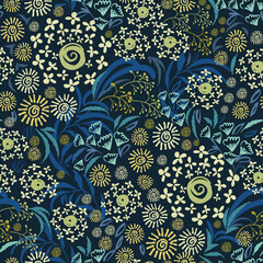 Ditsy blue and yellow flowers seamless pattern, botanical background. Perfect for textile, wallpaper, stationery, scrapbooking - 479058939