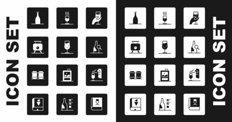 Set Wine tasting, degustation, glass, Fermentation of grapes, Bottle wine, Sommelier and Wooden barrel for icon. Vector