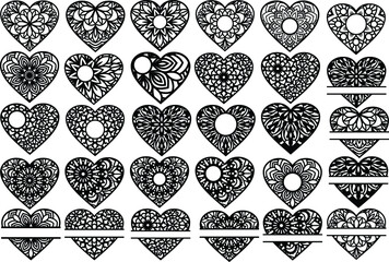 Vector Floral Mandala Heart Templates for Paper, Laser,  Vinyl  Cut	