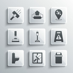 Set Rubber cleaner for windows, Trash can, Wet floor, Vacuum, Toilet bowl, plunger, and Home cleaning service icon. Vector