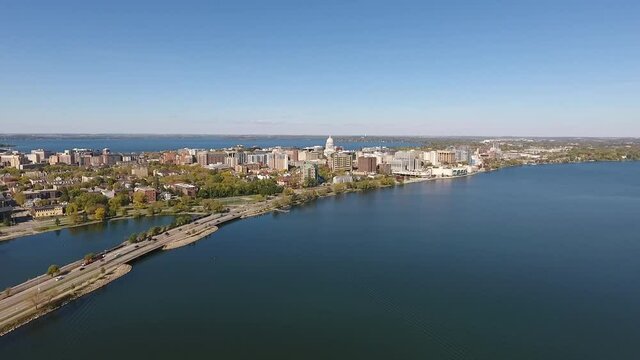 Drone Over John Nolen Drive towards Downtown Madison, Wisconsin Summer (Drone - Pull Back)