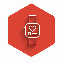 White line Smart watch showing heart beat rate icon isolated with long shadow. Fitness App concept. Red hexagon button. Vector