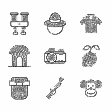 Set Photo camera, Hunting gun, Monkey, Lemon, Hiking backpack, African hut, Shirt and Binoculars icon. Vector