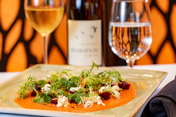 Confit and Pickled Beet Salad with Goat Cheese and Arugula