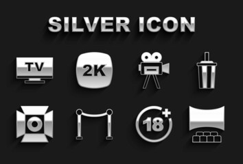 Set Rope barrier, Paper glass with water, Cinema auditorium screen, Plus 18 movie, Movie spotlight, Retro cinema camera, Smart Tv and 2k Ultra HD icon. Vector